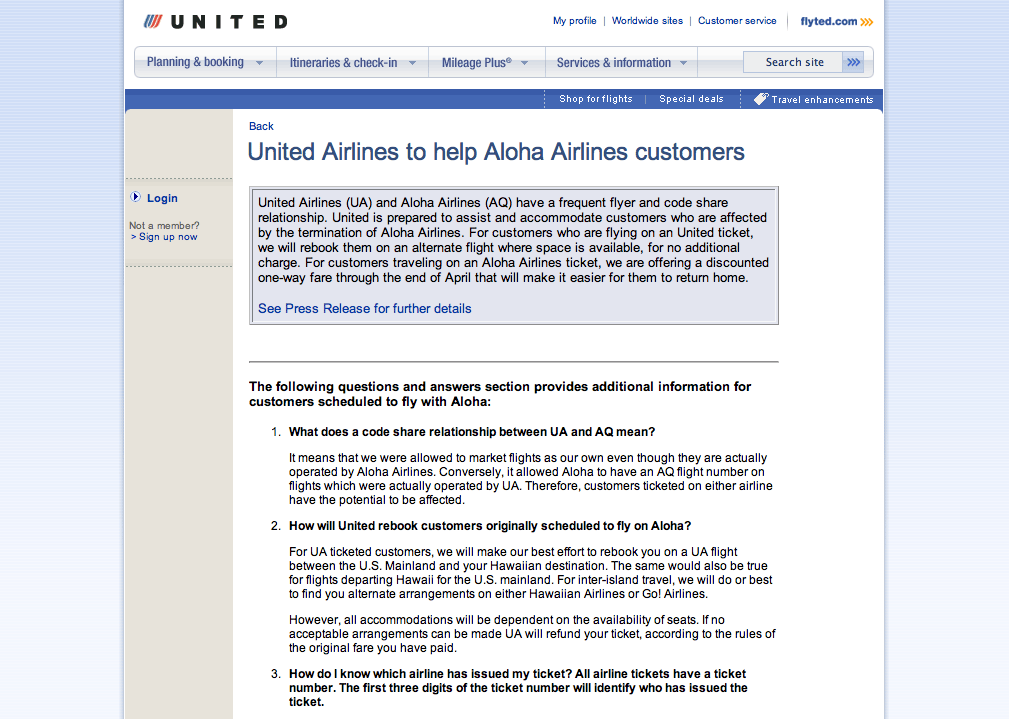 United Airlines to help Aloha Airlines customers